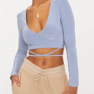 Powder Blue Slinky Long Sleeve Tie Waist Crop Top Pretty Little Thing